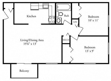 Floor plan for 2 beds, 1 bath, 650 sqft